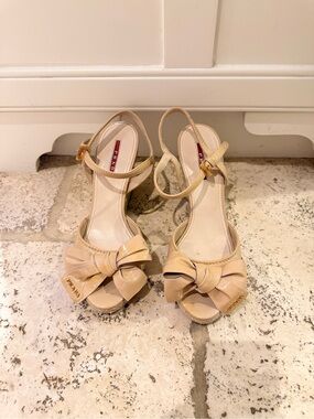 Prada Nude Patent Leather Bow Slingback Heels